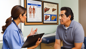 Un hombre hispano de mediana edad en el consultorio médico escucha atentamente a una doctora hispana que le muestra resultados de pruebas de función hepática y muscular. La doctora sostiene un portapapeles y señala un gráfico, destacando la importancia de monitorear la salud mientras se toma atorvastatina. La escena transmite confianza y profesionalismo.