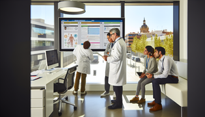 Oficina médica moderna en España con profesionales de la salud colaborando alrededor de una pantalla digital que muestra una plantilla de informe clínico. Destacan secciones como información del paciente, diagnóstico y plan de tratamiento. El equipo incluye un médico hispano de mediana edad, una enfermera joven con una tableta y un especialista en TI, todos en discusión. La escena refleja un ambiente profesional que enfatiza el trabajo en equipo y la tecnología en la atención médica.