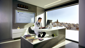 Modern medical office in Spain featuring a middle-aged Hispanic doctor focused on a computer screen displaying an electronic prescribing interface. The professional and efficient environment highlights prescription automation, electronic prescribing, and enhances consultation efficiency for optimal pharmacological follow-up.