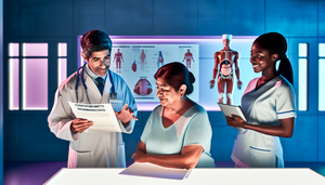 Fotografía de un grupo diverso de profesionales de la salud en una oficina médica moderna. Una paciente hispana de mediana edad lee un documento titulado