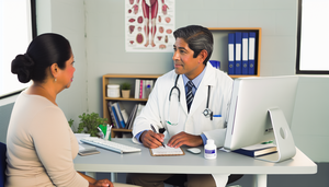 Doctor hispano de mediana edad en consultorio médico explicando a paciente hispana sobre el uso de crema de betametasona, destacando la importancia de la comunicación y educación en el cuidado de la piel y los riesgos de los corticoesteroides.