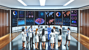 Un grupo diverso de profesionales de la salud, incluidos médicos y analistas de datos, se reúne alrededor de una pantalla digital grande que muestra visualizaciones de datos complejas y gráficos de métricas de salud y estadísticas poblacionales. La escena refleja la colaboración e innovación en el uso de big data en medicina para mejorar el diagnóstico poblacional.