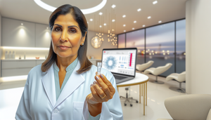 Mujer hispana de mediana edad, profesional de la salud, en una clínica moderna, sosteniendo un dispositivo transparente para recolección de saliva, destacando el uso de pruebas diagnósticas no invasivas.