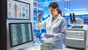 Científica hispana en laboratorio moderno de oncología de precisión, manipulando una muestra de biopsia líquida junto a una máquina de secuenciación genómica. En la pantalla de la computadora se muestra un análisis detallado de ADN tumoral, destacando el avance en diagnóstico oncológico.