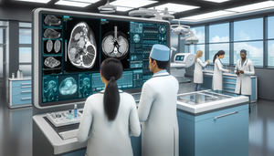 Un equipo diverso de radiólogos analiza una imagen 3D de un órgano humano en una pantalla digital de alta resolución, con superposiciones de datos y análisis generados por IA, simbolizando la integración de inteligencia artificial en el diagnóstico. Al fondo, una técnica prepara una muestra de biopsia líquida en un entorno hospitalario moderno y tecnológico.