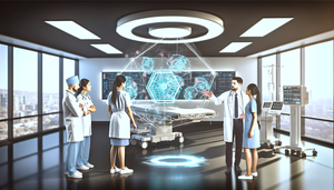 Un grupo diverso de profesionales de la salud, incluyendo un médico hispano y una enfermera asiática, se reúne alrededor de una interfaz digital holográfica que muestra una red de blockchain. La pantalla simboliza el intercambio seguro de datos en un entorno hospitalario moderno, destacando la colaboración e innovación en la gestión de datos médicos.
