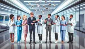 Un grupo diverso de profesionales de la salud, incluidos médicos y enfermeras, se reúne en un hospital moderno alrededor de una pantalla digital que muestra una red de blockchain. La pantalla ilustra nodos interconectados y líneas que simbolizan el flujo de datos, con iconos de registros médicos y herramientas de diagnóstico. Los profesionales, de diversas etnias, discuten y señalan la pantalla, destacando la integración de la tecnología en el ámbito de la salud.