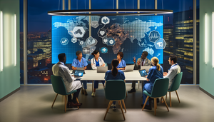Un grupo diverso de médicos de diferentes partes del mundo se reúne en una sala de conferencias de un hospital moderno, centrados en una pantalla digital que muestra un mapa mundial con regiones destacadas y gráficos de datos. La escena refleja la colaboración global y el enfoque en los desafíos y oportunidades de implementar tecnologías médicas digitales y de IA, especialmente en relación con la brecha digital y la desigualdad en el acceso en países en desarrollo.