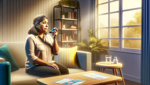 Mujer hispana de mediana edad sentada en una sala de estar bien iluminada, sosteniendo un inhalador, simbolizando la importancia del uso adecuado de corticoesteroides inhalados como la budesonida para el control del asma.