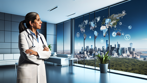 Un médico hispano de mediana edad, con bata blanca y estetoscopio, observa atentamente una pantalla digital que muestra un mapa mundial con zonas climáticas y riesgos de salud como olas de calor y enfermedades transmitidas por vectores. La oficina moderna refleja un enfoque profesional sobre el impacto del cambio climático en la salud del paciente.