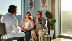 Un médico hispano en bata blanca explica a una pareja hispana de mediana edad el sistema digestivo usando un diagrama en una tableta, señalando el área del colon. La consulta médica es moderna y bien iluminada, con carteles sobre la concienciación del cáncer colorrectal.