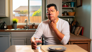 Hombre hispano de mediana edad sentado en una cocina, mostrando preocupación mientras toca su garganta, sugiriendo posible disfagia. En la mesa hay un vaso de agua y un plato con pan sin tocar, indicando dificultad para tragar.
