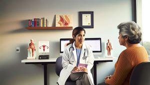 Consulta médica con doctora hispana explicando a paciente sobre cáncer de vulva. La paciente sostiene un folleto titulado