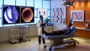 A middle-aged Hispanic patient on an examination table looks at a monitor displaying endoscopic images of the esophagus: one showing signs of esophageal cancer and the other exhibiting characteristics of achalasia. A Hispanic doctor points to the images, explaining the differences. The setting is professional and educational, with visible medical equipment, highlighting the importance of manometry and endoscopy with biopsy in diagnosing dysphagia.