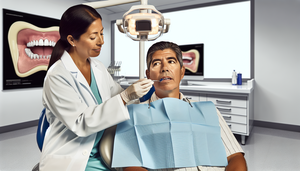 Un paciente hispano de mediana edad en una silla de examen dental, con una dentista hispana examinando su boca. La escena resalta la importancia de la detección temprana de cáncer oral en un entorno profesional y moderno.
