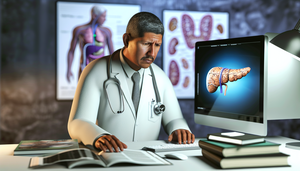 Un médico hispano de unos 40 años, con bata blanca y estetoscopio, revisa atentamente un expediente médico en una oficina moderna. En el escritorio, hay libros de medicina y una computadora con un modelo 3D del páncreas, destacando áreas afectadas por cáncer. Al fondo, un diagrama del sistema digestivo humano con el páncreas etiquetado. La escena refleja un ambiente de investigación médica sobre el cáncer de páncreas.