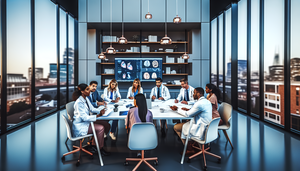 A diverse group of medical doctors of various ages and ethnicities is gathered around a conference table in a modern, well-lit meeting room. They are engaged in an animated discussion, with some taking notes on tablets and laptops, while others observe a large digital screen displaying medical graphs. The atmosphere is professional and welcoming, reflecting collaboration and innovation in continuing education and professional development for enhanced practice efficiency in the medical field.