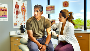 Un hombre hispano de mediana edad en una clínica de dermatología, con expresión preocupada pero esperanzada, mientras una dermatóloga hispana examina una lesión cutánea en su antebrazo con un dermatoscopio. La lesión es marrón claro con bordes irregulares, sugiriendo carcinoma de células escamosas en etapa temprana. La imagen resalta la importancia de la detección precoz y el cuidado profesional.