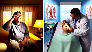 Split image depicting two scenarios: on the left, a middle-aged Hispanic man in a living room, showing signs of discomfort indicative of cluster headache; on the right, a young Hispanic woman in a clinical setting, being examined by a healthcare professional, focusing on the jaw and temple area, suggesting trigeminal neuralgia and intense facial pain.