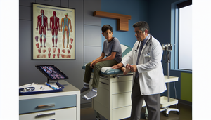 Consulta médica en una clínica moderna: un médico hispano de unos 40 años examina el pie de un adolescente hispano, señalando un diagrama del sistema nervioso en una tableta. En la pared, un póster sobre la anatomía de los nervios periféricos. La escena destaca la importancia del diagnóstico temprano de la enfermedad de Charcot-Marie-Tooth y la evaluación de neuropatías hereditarias.
