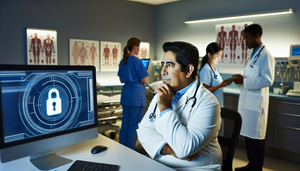 Un médico hispano de unos 40 años, con bata blanca y estetoscopio, observa atentamente una pantalla de computadora que muestra un símbolo de candado digital, simbolizando la seguridad de la información en un entorno hospitalario moderno. Al fondo, un grupo diverso de profesionales de la salud colabora en torno a una tableta digital, destacando la importancia del trabajo en equipo para proteger la información clínica y la ciberseguridad médica.
