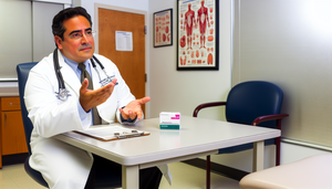 Paciente hispano de mediana edad en consulta médica con doctora hispana explicando el uso de claritromicina. La doctora sostiene una caja del medicamento y un bloc de recetas, mientras el paciente escucha atentamente. El entorno es profesional y bien iluminado, destacando la interacción médico-paciente.