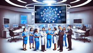 Un grupo diverso de profesionales de la salud, incluidos médicos y enfermeras de ascendencia hispana, discuten frente a una pantalla digital grande que muestra un diagrama de flujo complejo. La pantalla representa sistemas de apoyo a la decisión clínica, destacando la integración de tecnología en la toma de decisiones médicas. El entorno es moderno y colaborativo, con equipos médicos visibles en el fondo.