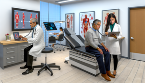 A modern medical office with a split-screen effect. On the left, a traditional physician, an older Hispanic man, examines a patient using a stethoscope and paper chart. On the right, a young Hispanic doctor employs a tablet and digital stethoscope for patient examination. The image emphasizes the contrast between traditional methods and modern tests, showcasing classic tools alongside advanced technology, highlighting the importance of diagnostic accuracy and result interpretation in today's medical practice.