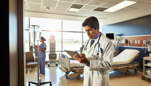 Un médico hispano de unos 40 años revisa atentamente un expediente médico en una tablet en una habitación de hospital moderna y bien iluminada, mientras una enfermera hispana ajusta un goteo intravenoso en el fondo. La escena refleja un ambiente profesional y de trabajo en equipo, centrado en la prevención y manejo temprano de complicaciones postoperatorias.