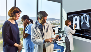 Modern medical office in Spain featuring a diverse group of healthcare professionals collaborating. In the foreground, a Hispanic doctor in his 40s attentively listens to an African-descendant nurse holding a digital tablet with a concise medical history. In the background, a young Asian female doctor takes notes while a middle-aged Caucasian physician points to a digital screen displaying a simplified patient chart. This scene emphasizes effective communication and teamwork in delivering quality care while avoiding repetitions.