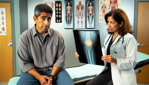 Un hombre hispano de mediana edad, visiblemente preocupado, está sentado en el consultorio médico. Frente a él, una doctora hispana en sus 40s sostiene una radiografía que muestra un área destacada en un hueso, sugiriendo un posible condrosarcoma. La escena resalta la importancia de la comunicación y el diagnóstico temprano mediante biopsia.