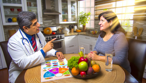 Una mujer hispana de mediana edad sonríe mientras conversa sobre nutrición con un médico hispano. El médico, con bata blanca y estetoscopio, señala un gráfico colorido de grupos alimenticios. La mesa está decorada con frutas, verduras y granos integrales, simbolizando una dieta equilibrada. La escena resalta la interacción personalizada para la prevención de enfermedades crónicas.