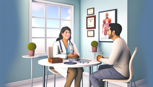 A modern and bright medical consultation room featuring a Hispanic female doctor in her 40s, smiling and attentively listening to a Hispanic male patient in his 30s. The doctor holds a tablet while the relaxed patient gestures as he speaks. The desk is equipped with medical tools and a plant, creating a welcoming environment that emphasizes patient-centered care and enhances the patient experience, ultimately contributing to healthcare efficiency and improved clinical outcomes.