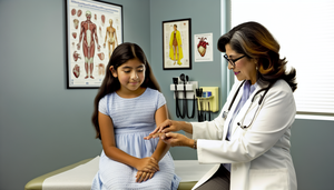 Una niña hispana de aproximadamente 10 años está sentada en el consultorio de una doctora hispana de mediana edad, quien examina atentamente la mano de la niña. La escena refleja un ambiente profesional y de cuidado, relevante para el diagnóstico de corea de Sydenham y la diferenciación de otras causas de movimientos involuntarios.