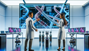 Un equipo diverso de científicos en un laboratorio moderno, centrados en una pantalla digital interactiva que muestra una cadena de ADN compleja entrelazada con código binario, simbolizando la integración de la tecnología CRISPR y la inteligencia artificial. La atmósfera refleja innovación y la investigación de vanguardia en modelos predictivos para terapias génicas.