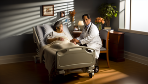 Un médico hispano de mediana edad, con expresión amable, sostiene la mano de un paciente anciano en una habitación de hospital iluminada por luz natural. La escena refleja compasión y cuidado en el contexto de cuidados paliativos y decisiones al final de la vida.