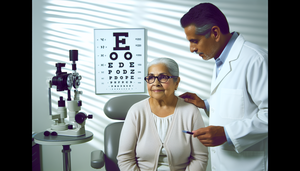 Una mujer hispana mayor en una consulta de oftalmología, usando gafas y observando atentamente un cartel de visión. Un oftalmólogo hispano le explica algo, señalando el cartel. La escena sugiere un examen ocular, relevante para el diagnóstico temprano de la degeneración macular relacionada con la edad.