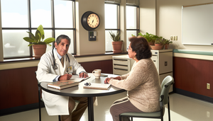 A middle-aged Hispanic physician with a thoughtful expression sits at a round table in a naturally lit hospital room. Dressed in a white coat and stethoscope, he has open medical books and handwritten notes in front of him. An older Hispanic woman, with a calm smile, listens attentively. The scene conveys warmth, professionalism, and empathy, creating a trusting environment to discuss topics such as dementia, delirium, cognitive impairment, and attentional fluctuations, emphasizing the importance of neuropsychological evaluation.