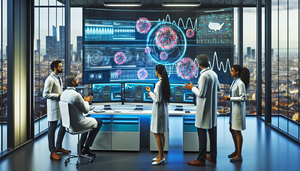Un laboratorio moderno y de alta tecnología con un equipo diverso de científicos y médicos de ascendencia hispana colaborando alrededor de una gran pantalla digital. La pantalla muestra visualizaciones de datos complejos, mapas y gráficos coloridos sobre datos epidemiológicos y detección de brotes. El ambiente refleja innovación y trabajo en equipo, centrado en el uso de big data para el diagnóstico preventivo.