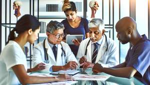 Un grupo diverso de médicos en una oficina moderna, colaborando en la detección de enfermedades raras. Una doctora hispana de mediana edad señala un gráfico, mientras un joven doctor del sur de Asia toma notas. Una doctora caucásica en sus 50s sostiene una tableta con un modelo 3D de un órgano humano. La luz natural ilumina la escena, destacando un ambiente de discusión enfocada en reconocer signos atípicos y red flags.