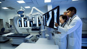 Modern radiology room featuring a high-resolution monitor displaying a detailed X-ray image of a human arm with a visible fracture. A diverse group of doctors, including a Hispanic male physician and an Asian female physician, carefully examines the image, emphasizing the role of radiological deep learning in fracture detection and early diagnosis through advanced medical imaging assistance.