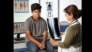 Un joven hispano de 15 años en una sala de examen médico moderno, con una doctora hispana mostrando una radiografía de hueso que indica un posible osteosarcoma. La doctora explica los resultados, destacando la importancia de la detección precoz y la evaluación radiográfica.