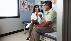 Un hombre hispano de mediana edad en una consulta médica moderna, observando atentamente a una doctora hispana que sostiene una radiografía de tórax. La doctora señala un área específica en la imagen, destacando la importancia de la detección temprana y las pruebas clave en el cáncer de pulmón de células pequeñas.