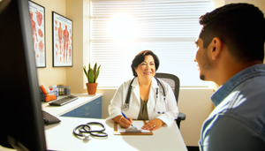 Una doctora hispana de mediana edad, con bata blanca, escucha atentamente a un paciente hispano joven en una consulta de atención primaria. La escena refleja una interacción amigable y profesional, destacando la importancia de la comunicación y la confianza en la detección temprana de trastornos psiquiátricos como la ansiedad y la depresión.