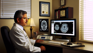 Un neurólogo hispano de mediana edad revisa atentamente una imagen de resonancia magnética de un cerebro en una pantalla de computadora, destacando áreas asociadas con la enfermedad de Alzheimer. En el fondo, se observa un test de evaluación cognitiva sobre un escritorio. La escena transmite profesionalismo y dedicación en el diagnóstico de Alzheimer.