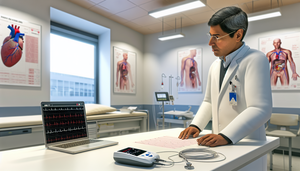 Fotografía de una clínica de cardiología en España. Un médico español de unos 40 años, con bata blanca y gafas, examina atentamente un ECG. En la mesa, un monitor Holter y un portátil muestran un modelo 3D del corazón. La clínica es luminosa y profesional, con carteles médicos sobre el corazón en las paredes.
