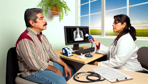 Consulta médica con un paciente hispano de mediana edad y una doctora hispana explicando el uso de un espirómetro. La doctora señala una pantalla con un gráfico de espirometría, destacando la importancia de esta prueba en el diagnóstico de EPOC y su diferenciación del asma. En el escritorio hay gráficos médicos y un estetoscopio. La escena es profesional y tranquilizadora.