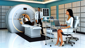 Oficina médica moderna con un médico hispano de unos 40 años revisando escaneos de RM cerebral en una pantalla, junto a una paciente hispana de unos 30 años. En la mesa cercana, herramientas médicas y una carpeta etiquetada