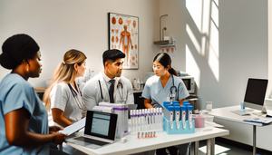 Un grupo diverso de profesionales de la salud, incluyendo un médico hispano, una enfermera asiática y una técnica médica afroamericana, revisa herramientas de diagnóstico y kits de pruebas rápidas para ETS en una clínica moderna. En la mesa hay kits etiquetados, un portátil con un algoritmo de cribado y libros médicos. Al fondo, un gráfico anatómico del sistema reproductivo humano. La escena refleja un ambiente colaborativo y profesional.