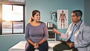 Una mujer hispana de mediana edad en el consultorio médico, atenta mientras el doctor hispano le explica los puntos sensibles asociados con la fibromialgia en un diagrama del cuerpo humano. El ambiente es profesional y cálido, reflejando confianza y comprensión.